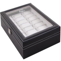 Watch Box Small  Mens Black Leather Display Glass Top Jewelry Case Organizer