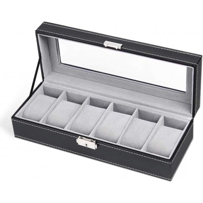 6 Slots pu  Leather Watch Box Display Case Organizer Glass Jewelry Storage Black