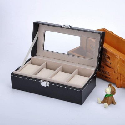 Mens Watch Case Small 4 Watch Box Black Leather Display Glass Top Jewelry Case Organizer