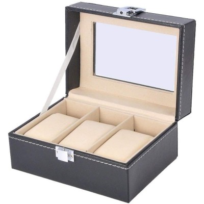 Watch Box Small 3 Mens Black Leather Display Glass Top Jewelry Case Organizer